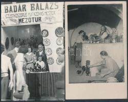 cca 1940-1958 Badar Balázs mezőtúri fazekas mester a műhelyében és a BNV-n felállított pavilonban, egyik kép feliratozott, 2 db fénykép, 14x9 cm