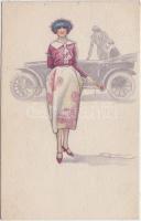 'Anna & Gasparini' Italian art postcard, lady with automobile, Nr. 453-1. s: Mauzan