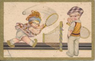 Playing tennis, children, degami 2205. artist signed (EK)