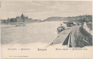 Budapest, Országház, Margit rakpart, gőzhajók, kiadja Divald Károly