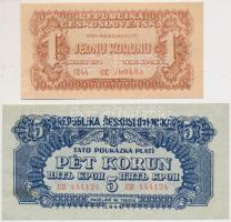 Csehszlovákia 1944. 1K + 5K mindkettő "SPECIMEN" perforációval T:I-,II Czechoslovakia 1944. 1 Korunu + 5 Korun both with "SPECIMEN" perforation C:AU,XF