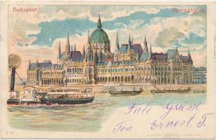 1899 Budapest V. Új Országház, gőzhajó 'Kosmos' litho s: Geiger R. (EK)