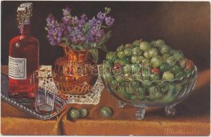 13 db RÉGI főként használatlan szignós motívumlap; művész, csendélet / 13 old mostly unused signed m...