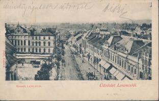 Losonc, Kossuth Lajos utca, Városi szálloda, Jamrich Gusztáv szabóüzlete; kiadja Róth / Kossuth street, hotel, shop (felületi sérülés)