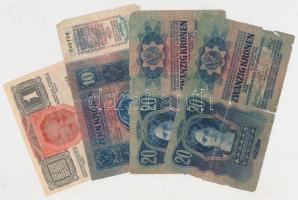 1913. 20K (2x) az egyik piros "MAGYARORSZÁG" körbélyegzővel + 1915. 10K + 1916. 1K T:vegye...