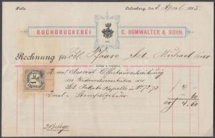 1885 Romwalter K. és fia, díszes fejléces számla 1 kr okmánybélyeggel