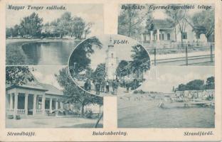 Balatonberény, Magyar Tenger Szálloda, Gyermeknyaraló telep, Strandbüfé, Fő tér, templom (fl)