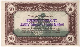 1920-as évek Hangya Szövetkezeti 50K vásárlási üzletrész lemezhibákkal, lila "Büdszentmihályi Hangya" bélyegzővel T:I- 2 sarokhajtással