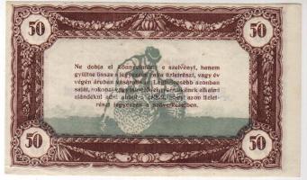 1920-as évek Hangya Szövetkezeti 50K vásárlási üzletrész lemezhibákkal, lila "Büdszentmihályi H...