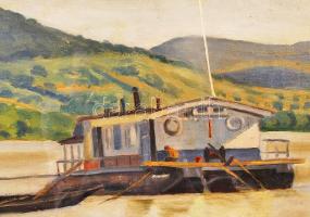 Vörös Géza (1897-1957): Nagymaros 1954. Olaj, karton, jelzett, üvegezett keretben, 38×49 cm