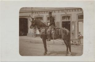 Pozsony, Pallehner J. St. vaskereskedő üzlete, huszár lovon / iron shop, hussar on horse photo (EK)