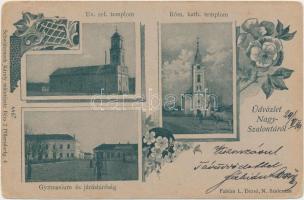 1899 Nagyszalonta, Evangélikus református és római katolikus templom, gimnázium, Járásbíróság, kiadja Schwiedernoch Károly / churches, grammar school, court, floral Art Nouveau (b)