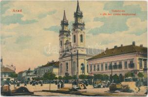 Arad, Thököly tér, Görög keleti román templom, piac / square, church, market place