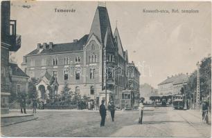 Temesvár, Kossuth utca, Református templom, villamos, kiadja Polatsek / street, church, tram (EK)