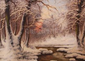 Gábris Béla: Téli erdő a pataknál. Olaj, vászon, jelzett, antik sérült keretben, 50×60 cm