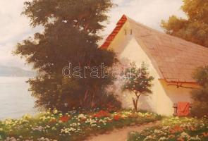 Gábris Béla: Ház a Balaton partnál. Olaj, vászon, jelzett, antik sérült keretben, 40×50 cm