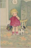 Girl with dog, Meissner & Buch, serie 2791. artist signed, litho