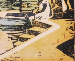 Olvashatatlan jelzéssel: Mediterrán kikötő. Színezett linó, papír, kopott, 39×28 cm