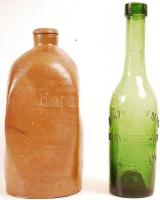 1 db Brázay Kálmán nagykereskedő feliratú régi üvegpalack, m: 21 cm; 1 db keserűvizes palack, m: 19 cm