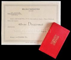 1948. "48-as Díszérem" zománcozott Br kitüntetés mellszalaggal, adományozói okirattal, ere...