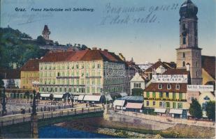 Graz, Franz Karlbrücke mit Schlossberg, Schuhfabrik M. Gibiser / bridge, castle hill, shoe shop