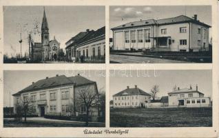 Verebély, Vráble; Templom, utca, kultúrház, főszolgabíróság, adóhivatal / Church, street, community center, court house, tax office (EK)