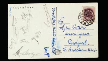 1943 Az FTC csapattagjainak aláírása képeslapon (Tátrai, Ruday, Toldi, Ónódi, Nagy, Mezőfi, Lázár, Beke, Sárosi) Nagybányáról