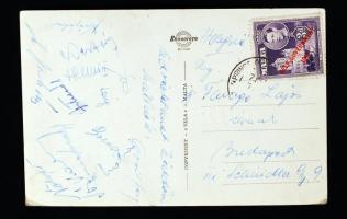 1955 Az FTC (Kinizsi) csapattagjainak aláírása képeslapon (Henniz, Láng, Vilezsál, Orosz, Kispéter, Kertész stb.)