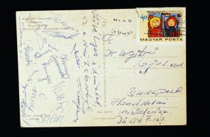 1969 Soroksári Egyetértés csapattagjainak aláírása képeslapon (Sátori, Mátrai, Galambos, Józsa, Harangi, Varga stb.)