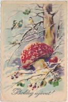 New Year, mushroom, birds litho (EB)