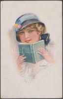 Italian art postcard, lady with book 'Erkal No. 308/3.' s: Usabal (EK)