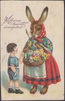 Easter, Rabbit woman, child litho (cut)