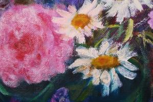 Szabolcsik Katalin: Virágcsokor. Olaj, farost, jelzett, keretben, 60×60 cm