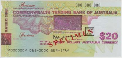 Ausztrália DN "Ausztrál Nemzetközösségi Kereskedelmi Bank" 20$ "SPECIMEN" utazási csekk T:I- Ausztrália ND "Commonwealth Trading Bank of Australia" 20 Dollars "SPECIMEN" travellers' cheque C:AU