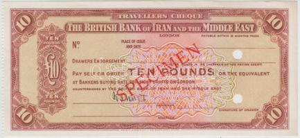 Nagy-Britannia DN "Iráni és Közel-Keleti Brit Bank" 10$ "SPECIMEN" utazási csekk lyukasztással révénytelenítve T:I- Great Britain ND "The British Bank of Iran and the Middle East" 10 Dollars "SPECIMEN" travellers' cheque cancelled by holes C:AU