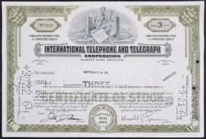 Amerikai Egyesült Államok / Maryland 1920. "Nemzetközi Telefon és Telegráf Részvénytársaság" részvénye 300$-ról, lyukasztott, perforált, felülbélyegzett T:I- USA / Maryland 1920. "International Telephone and Telegraph Corporation" share about 300 Dollars, holes, perforated, overprinted C:AU