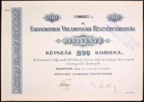 Nagykikinda 1908. "Nagykikindai Villamossági Részvénytársaság" részvénye 200K-ról, szelvényekkel és szárazpecséttel, felülbélyegzett T:I