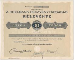 Marcali 1927. "Hitelbank Részvénytársaság" részvénye 10P-ről, szelvényekkel és szárazpecséttel T:II