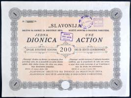 Horvátország / Bród 1920. "Faipari Részvénytársaság" részvénye 200K-ról, szelvényekkel és szárazpecséttel, felülbélyegzett T:III Croatia / Brod 1920. "Drustvo na Dionice za Industriju Drva" share about 200 Kruna, with coupons, overprinted C:F