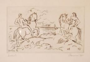 Borsos Miklós (1906-1990): Lovasok. Rézkarc, papír, jelzett, üvegezett keretben, 14×25 cm