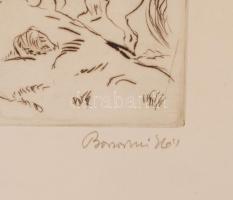 Borsos Miklós (1906-1990): Lovasok. Rézkarc, papír, jelzett, üvegezett keretben, 14×25 cm