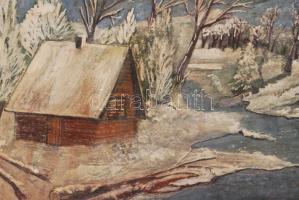 Raycsehmo jelzéssel: Téli erdő erdészlakkal. Olaj, fa tábla, 32×50 cm