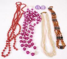 Bizsu tétel, benne gyöngyből készült 4 db nyaklánc (ebből 1 db mágneses), 2 db fülbevaló, összesen 6...