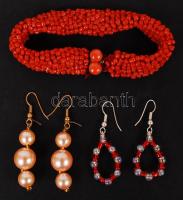 Bizsu tétel, benne gyöngyből készült 3 db nyaklánc, 2 db fülbevaló és egy karkötő, összesen 6 db