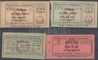 Miskolc 1927-1941. 1,5f + 6f + 30f + 50f "Miskolczi Orthodox Izraelita Anyahitközség" értékjegy T:I,I-