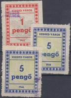 1944 Szeged város 3 db illetékbélyeg 1P, 5P (évszám után hiányos pont)