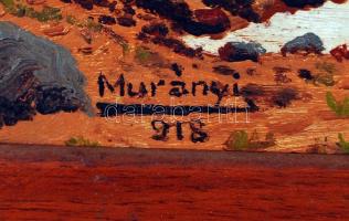 Murányi jelzéssel: Vitorlás a sziklánál . Olaj, karton, keretben, 20×25 cm