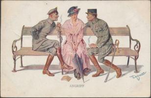 'Angriff' Austrian soldiers, romantic postcard M. Munk Wien Nr. 1118 s: Zasche