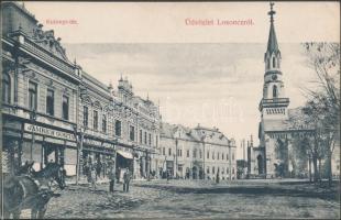 Losonc, Kubinyi tér, Jamrich Gusztáv, Ifj. Steiner József üzletei templom, Redlinger Ignác kiadása / square, shops, church (EK)