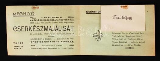 1937 Meghívó a cserkészmajálisra, a meghívó belsejében tiszteletjeggyel